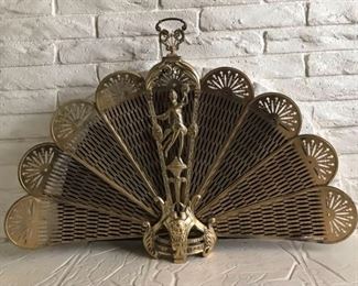 Vintage Brass Folding Peacock Fireplace Screen