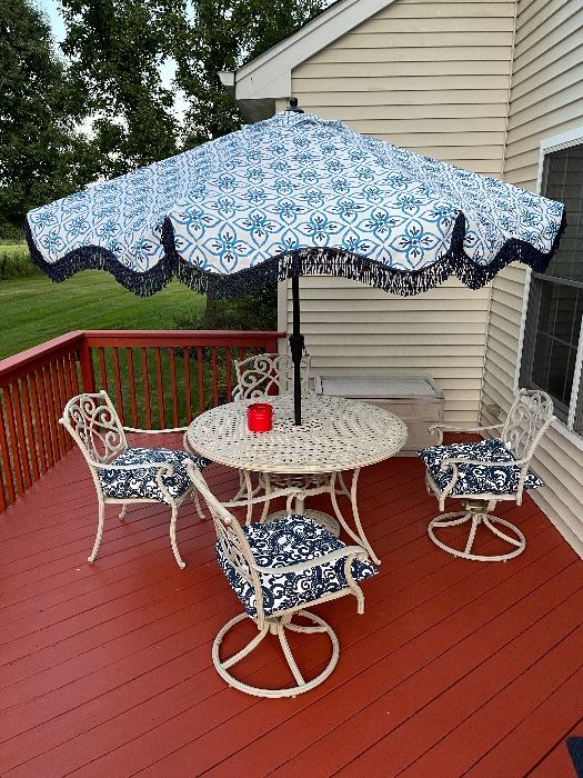 Absolutely Gorgeous Aluminum Outdoor Patio Set Consisting Of Table, Umbrella, Two Swivel Chairs & Two Stationary Chairs
