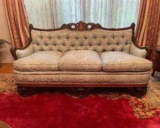 HEAVILY CARVED WALNUT AND INLAID JACOBEN PARLOT SET 3 PC SOFA 74" $1500