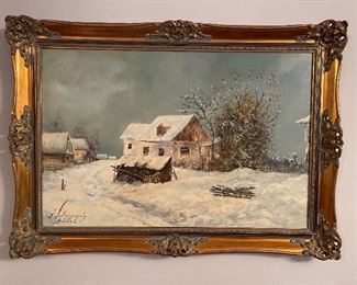 SCHOISSENGEYER OIL ON CANVAS FARM IN WINTER 24 X 36" $250