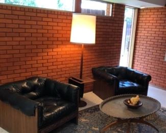 Lane Tufted Lounge Chairs , Brass Moroccan Tray Table