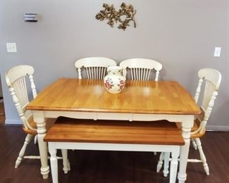 Maple and cream painted table with 5 chairs, bench and leaf