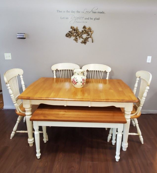 Maple and cream painted table with 5 chairs, bench and leaf