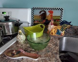 Lots of chicken and rooster decor