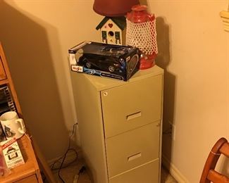 File cabinet, bird house lamp