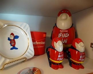 Bud Man Stein, Salt and Peppers, and Ash Tray