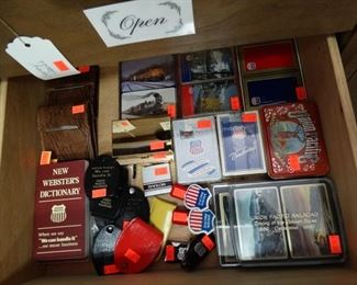 Union Pacific playing cards, magnets, dictionaries, tape measures, magnifiers
