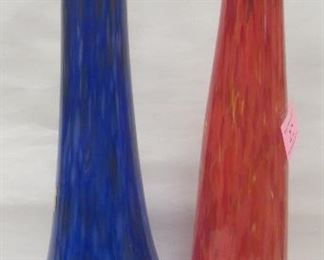 TWO TALL MOTTLED GLASS DISPENSERS WITH SPOUTS. 15.5" TALL