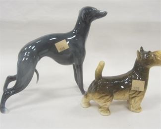 TWO PORCELAIN DOG FIGURINES. TALLEST 6.25". ONE JAPANESE, TALLEST IS ENGLISH