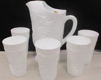 MILK GLASS PITCHER AND FIVE 6" TUMBLERS