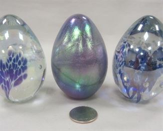THREE ART GLASS EGG FORM PAPERWEIGHTS