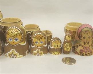 TWO SETS OF RUSSIAN NESTED DOLLS NATURAL UNFINISHED WITH PAINT, PYROGRAPHY. TALLEST IS 4.25"