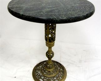 MARBLE TOP SIDE TABLE WITH BRASS BASE. 17" TALL