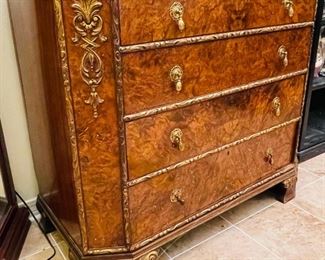 $345  •  #1.  1940s Italian style chest • burlwood doors, mahogany top and gilt wood • 36high 42wide 20deep