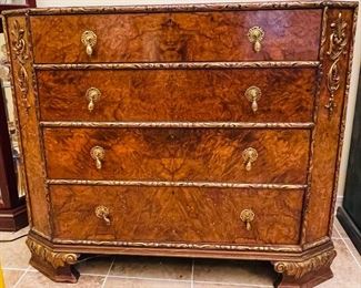 $345  •  #1.  1940s Italian style chest • burlwood doors, mahogany top and gilt wood • 36high 42wide 20deep