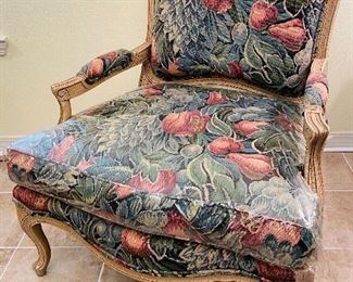 $250  •  #7.  Drexel Heritage French style modern armchair pair • tapestry style upholstery  •  39high 31wide 26deep 