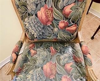 $250  •  #7.  Drexel Heritage French style modern armchair pair • tapestry style upholstery  •  39high 31wide 26deep 