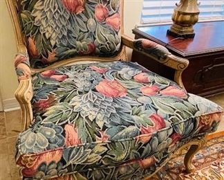 $250  •  #7.  Drexel Heritage French style modern armchair pair • tapestry style upholstery  •  39high 31wide 26deep 