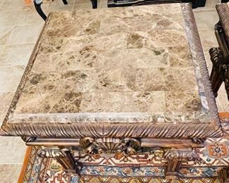 $325  •  #6.  Mediterranean granite topped living area table 3piece set  • Coffee table: 24 high 42 wide 42 deep • Side tables: 28 hi 28 wide 28 deep 