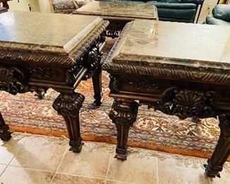 $325  •  #6.  Mediterranean granite topped living area table 3piece set  • Coffee table: 24 high 42 wide 42 deep • Side tables: 28 hi 28 wide 28 deep 