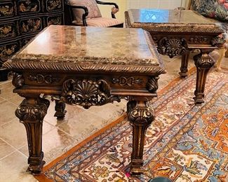 $325  •  #6.  Mediterranean granite topped living area table 3piece set  • Coffee table: 24 high 42 wide 42 deep • Side tables: 28 hi 28 wide 28 deep 