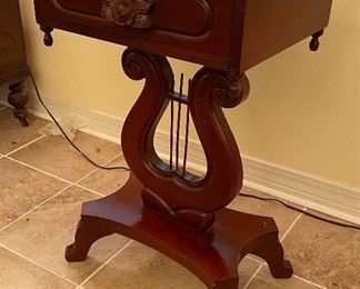 $110 •  #9.  American marble lyre side table with single Aurora  • 28high 19wide 14deep