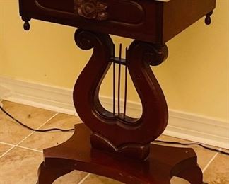 $110 •  #9.  American marble lyre side table with single Aurora  • 28high 19wide 14deep