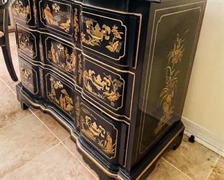 $280  •  #17.  Drexel Chinoiserie black lacquer 3 drawer chest with mirror  • mirror: 49high 29wide • chest: 32high 39wide 18deep