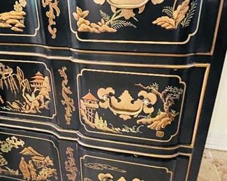 $280  •  #17.  Drexel Chinoiserie black lacquer 3 drawer chest with mirror  • mirror: 49high 29wide • chest: 32high 39wide 18deep