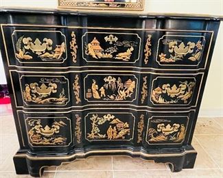 $280  •  #17.  Drexel Chinoiserie black lacquer 3 drawer chest with mirror  • mirror: 49high 29wide • chest: 32high 39wide 18deep