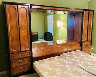 $595•  #25.    Thomasville Modern set includes dresser and Mirror • headboard bolster cabinetry system: 79 high 133wide 18deep  • Mirror: 50 high 31 wide  • long dresser: 30high 66wide 19deep