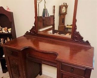 $265 •  #37.  Mirrored vanity dresser with Accent velvet bench • 68high 45wide 19deep  • bench: 19high 24wide 14deep