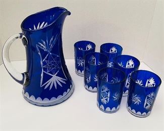 $70   •  #49.  Cobalt blue cut crystal serving set • 1 pitcher 6 glasses