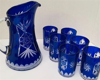 $70   •  #49.  Cobalt blue cut crystal serving set • 1 pitcher 6 glasses