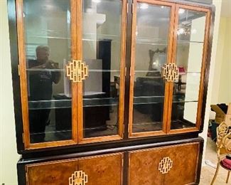 $395 •  #20.  Drexel china display cabinet • Asian inspired brass handles four large shells lower cabinet • 82high 72wide 16deep 