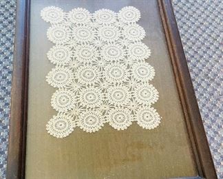 $68 •  #46.  Crochet top outdoor table harp table • 20high 27wide 18deep