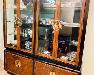 $395 •  #20.  Drexel china display cabinet • Asian inspired brass handles four large shells lower cabinet • 82high 72wide 16deep 