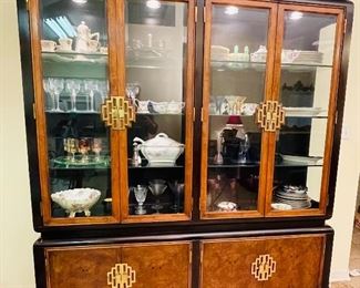$395 •  #20.  Drexel china display cabinet • Asian inspired brass handles four large shells lower cabinet • 82high 72wide 16deep 