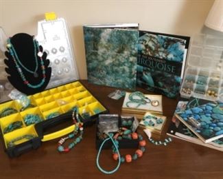 Turquoise jewelry, beads, and books