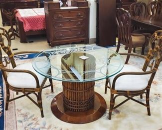 Henredon Faux Rattan table, glass top, 2 Padma arm chairs.  Perfect condition!