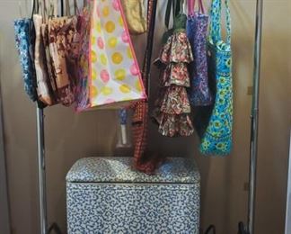 Blue & white hamper, purses, etc.