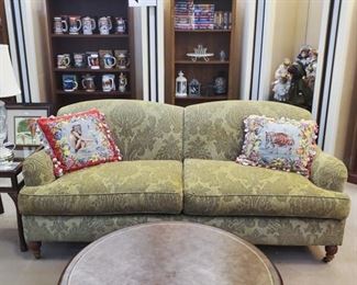 Century English Arm sofa, green damask fabric!