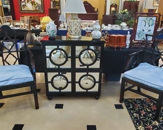 Down filled Chinese Chippendale Arm Chairs, Noir black lacquered mirror cabinet!