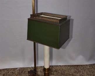 Vintage Brass and Green Student Desk Lamp with Square Sliding Tole Shade