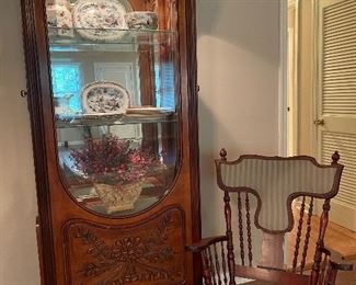 Gorgeous lighted cabinet & antique rocker