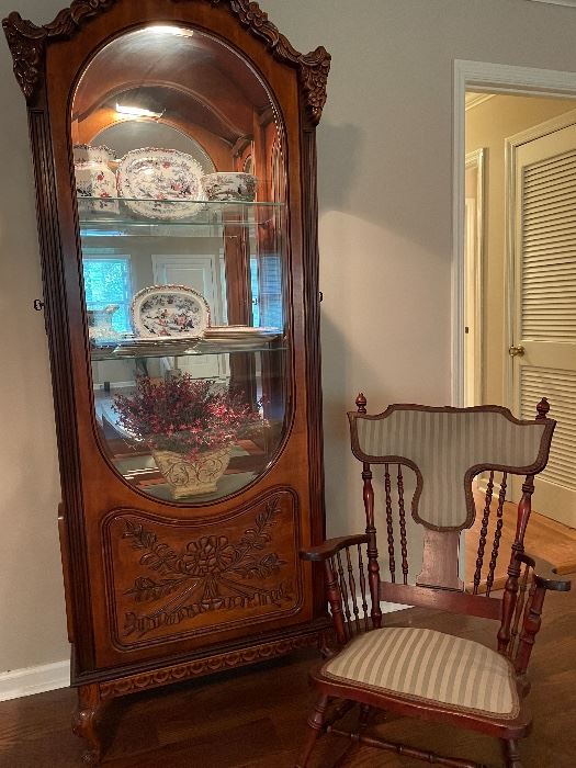 Gorgeous lighted cabinet & antique rocker