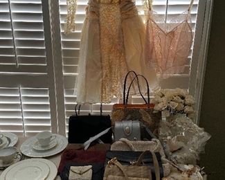 Vintage dress, gloves, purses