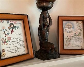 Art Deco lamp & framed vintage birthday cards