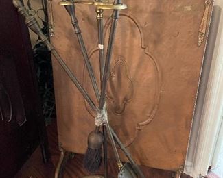 Antique fire screen & fireplace tools