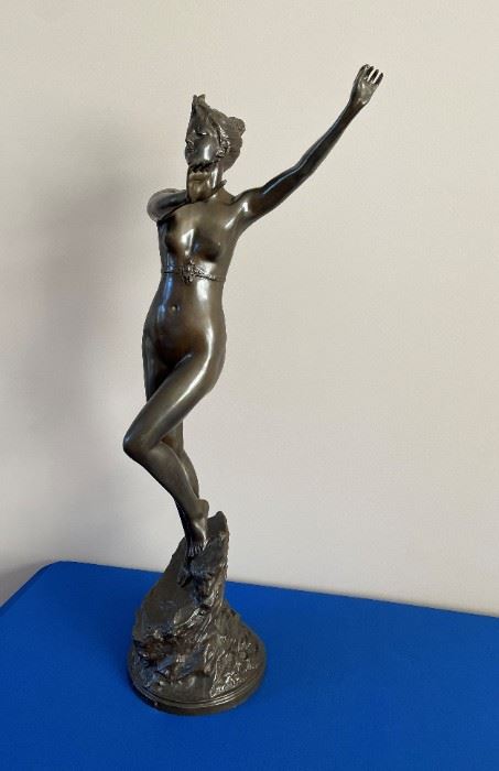 Bronze by Paul Aichele (German 1859-1910). "Diane" measures 31 1/2" tall. Comes with heavy marble base (not pictured)